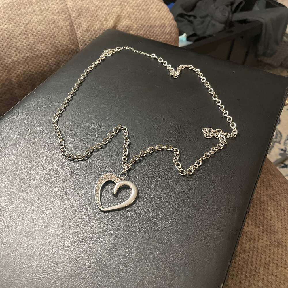 Silver-Tone Necklace with Pave Crystal Heart Pendant